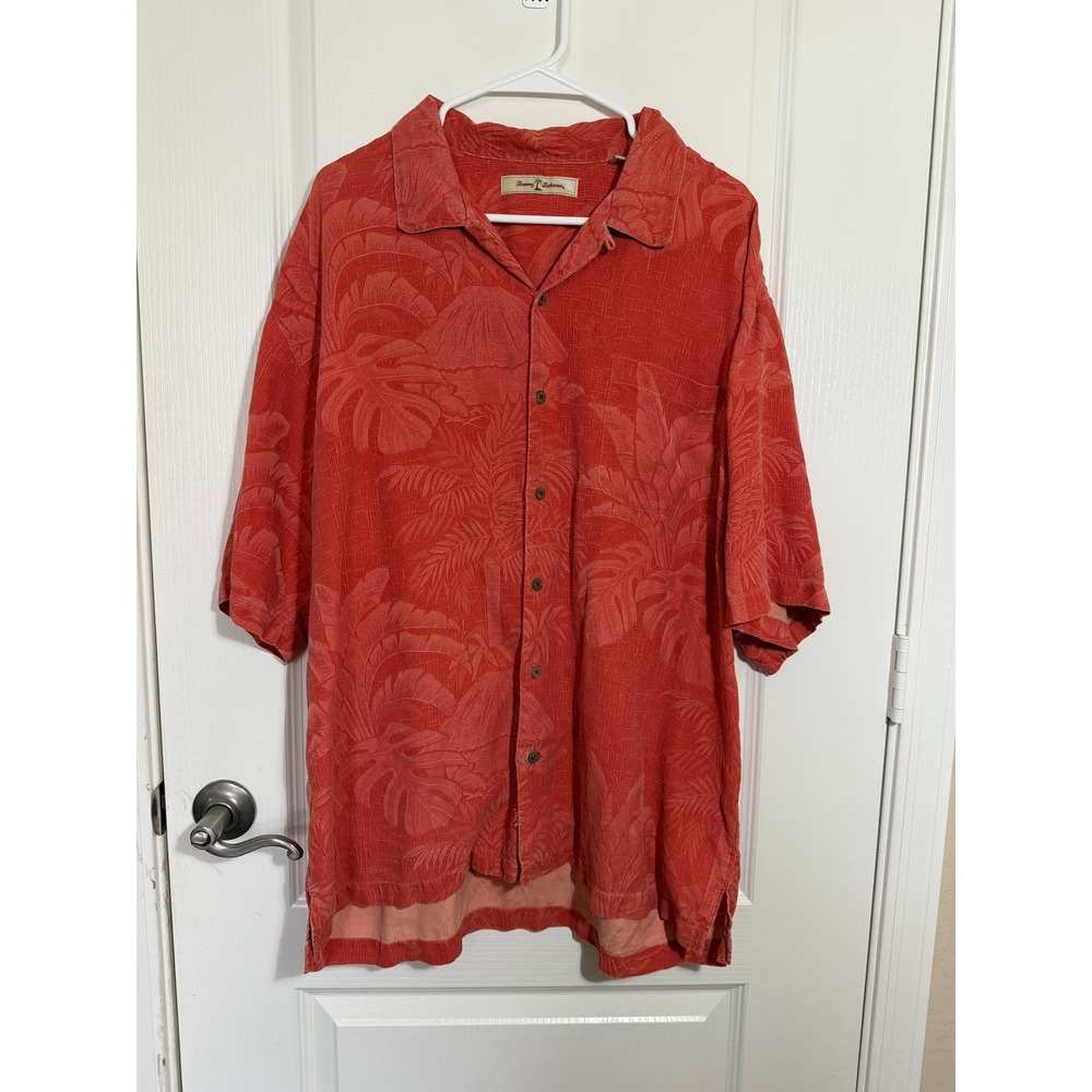 Tommy Bahama Mens XL Silk Camp Shirt Coral Orange Tropical Palm Jacquard Shirt